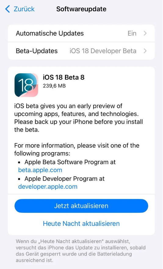 莲池苹果手机维修分享苹果 iOS / iPadOS 18 开发者预览版 Beta 8 发布 